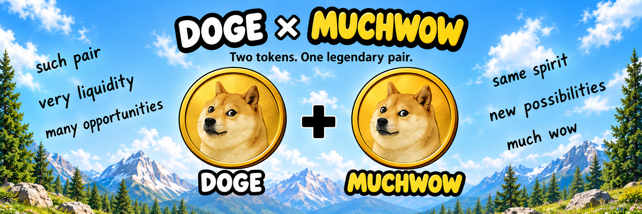 DOGE × MUCHWOW — two tokens, one legendary pair. Such pair, very liquidity, many opportunities. Same spirit, new possibilities, much wow.